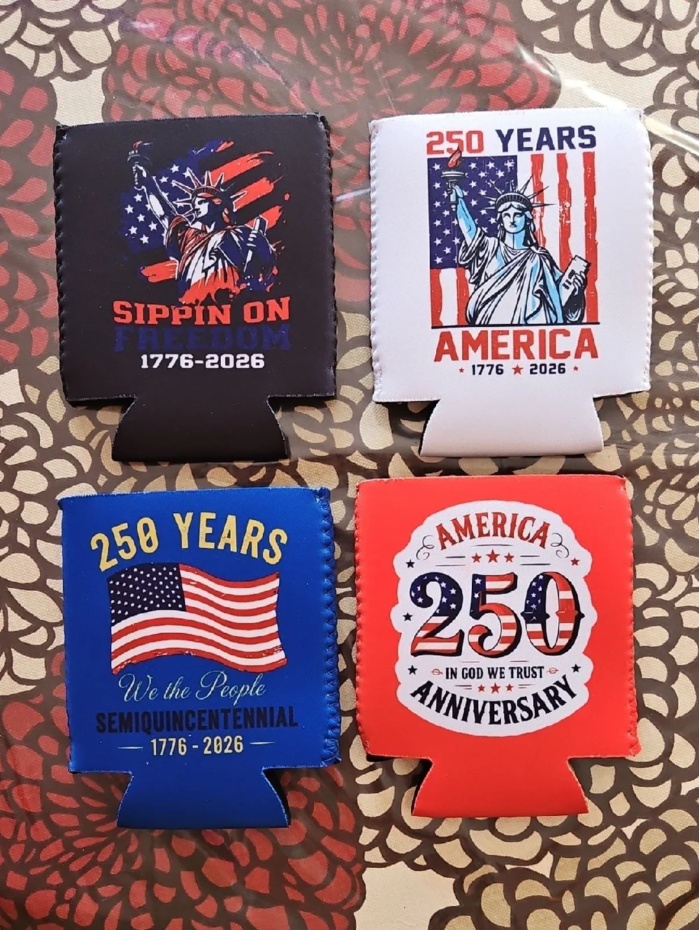 Patriotic 250th Anniversary Can Coolers - Red, White, Blue, Black